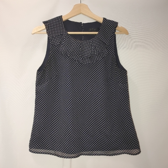 J. Crew Sleeveless Blouse Navy Blue While Polka Dot Silk Overlay Classic Neutral - Picture 2 of 6